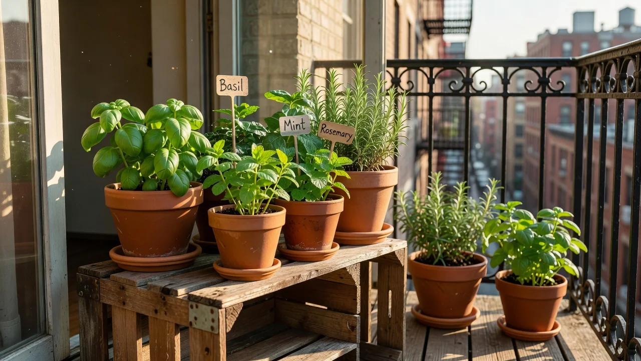 Zaaranżowany balkon w bloku z podłogą klikową, stolikiem bistro i zielenią doniczkową